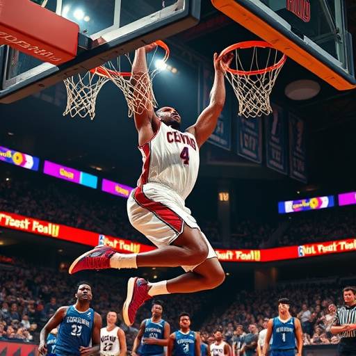 A basketball player soaring for a slam dunk during a crucial NBA game, net rippling.