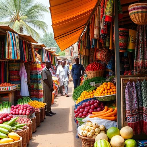 A bustling marketplace in a city in East Africa, with vendors selling fresh produce and textiles.