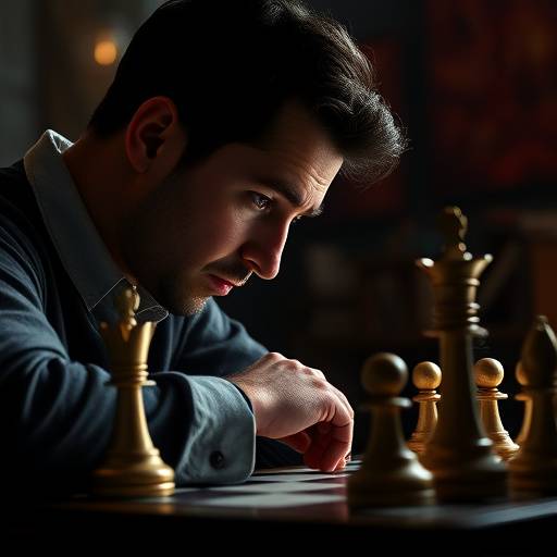 A chess player deep in thought during a high-stakes tournament match, with a chessboard in focus.