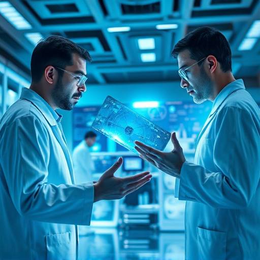 A diverse group of scientists in a modern laboratory, discussing data on a holographic display.