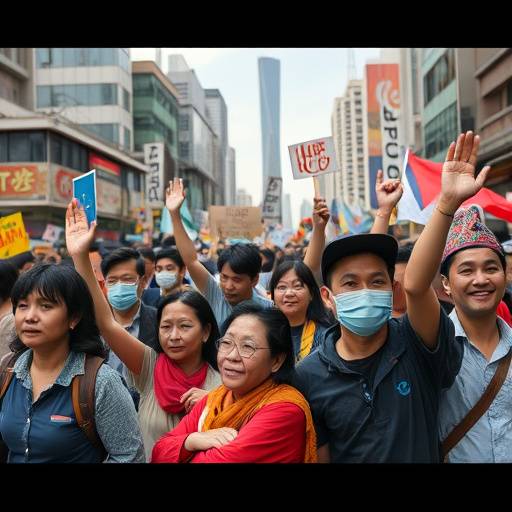 A group of diverse individuals participating in a peaceful protest in a major Asian city.
