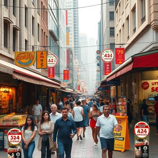 A photograph of a bustling street market in a vibrant city, representing global culture and commerce.