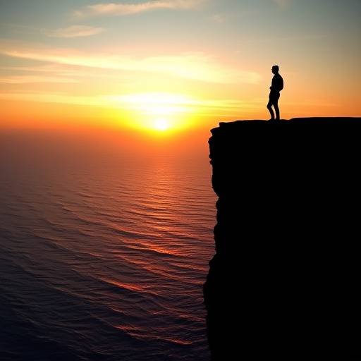 A silhouette of a person standing on a cliff overlooking a vast ocean at sunset.