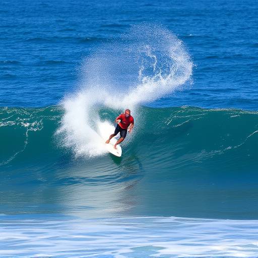 A surfer catching a massive wave during a professional competition, spray flying high.