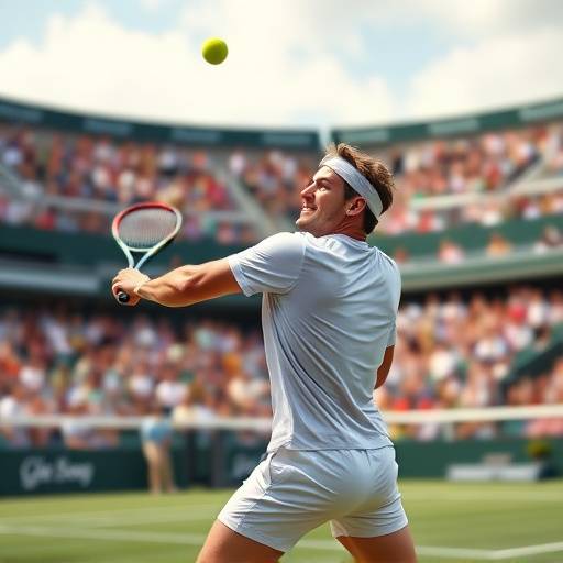 A tennis player in mid-serve during a Grand Slam tournament, with blurred spectators in the background.