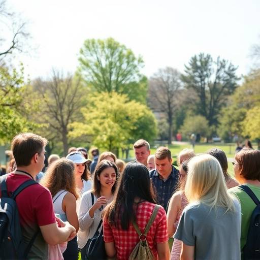 A vibrant image of a diverse group of people gathered in a park, engaged in conversation.