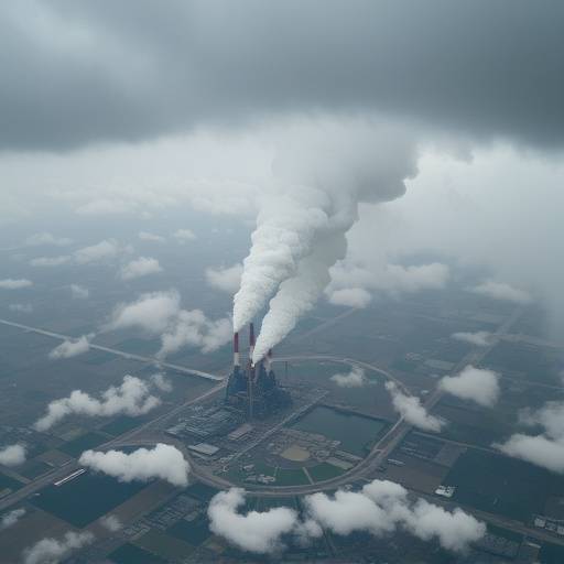 Aerial view of a large industrial complex emitting smoke