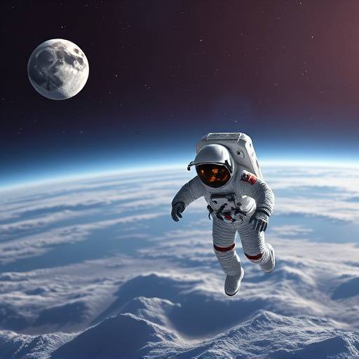 Astronauts on the moon, gazing at Earth and a futuristic space station, illustrating space exploration.