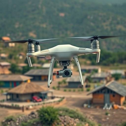 Drone delivering medical supplies to a remote village, highlighting advancements in logistics.