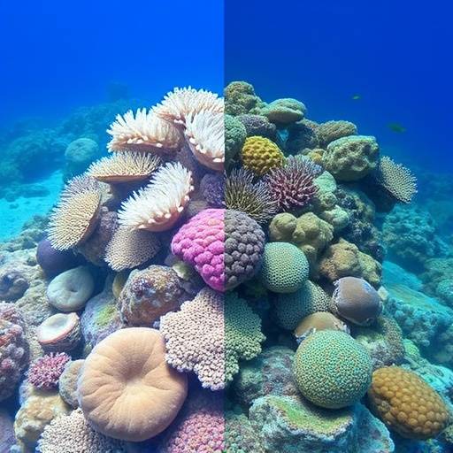Image of a thriving coral reef contrasting with a bleached one