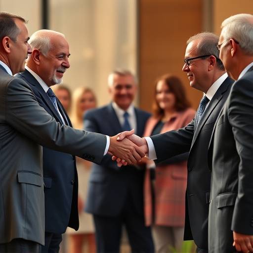 Leaders from diverse nations shaking hands at a summit, symbolizing global cooperation.
