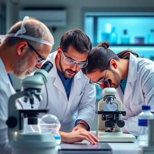 Researchers in a laboratory examining samples under microscopes, representing scientific collaboration.