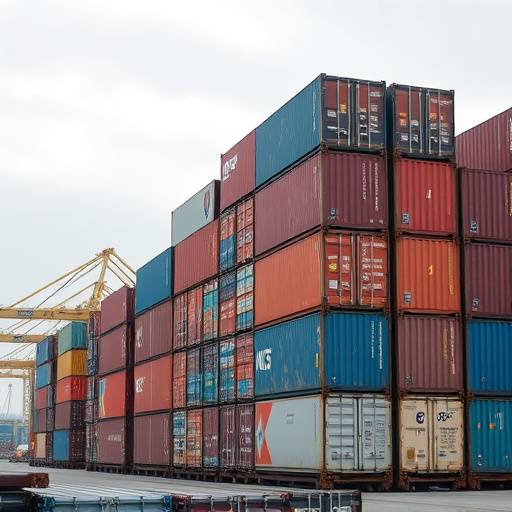 Shipping containers stacked at a port