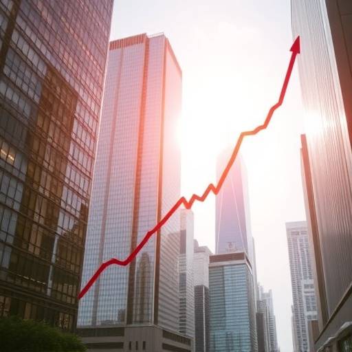 Stock market ticker showing upward trend with skyscrapers in background