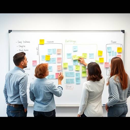 Team collaborating on a whiteboard with charts
